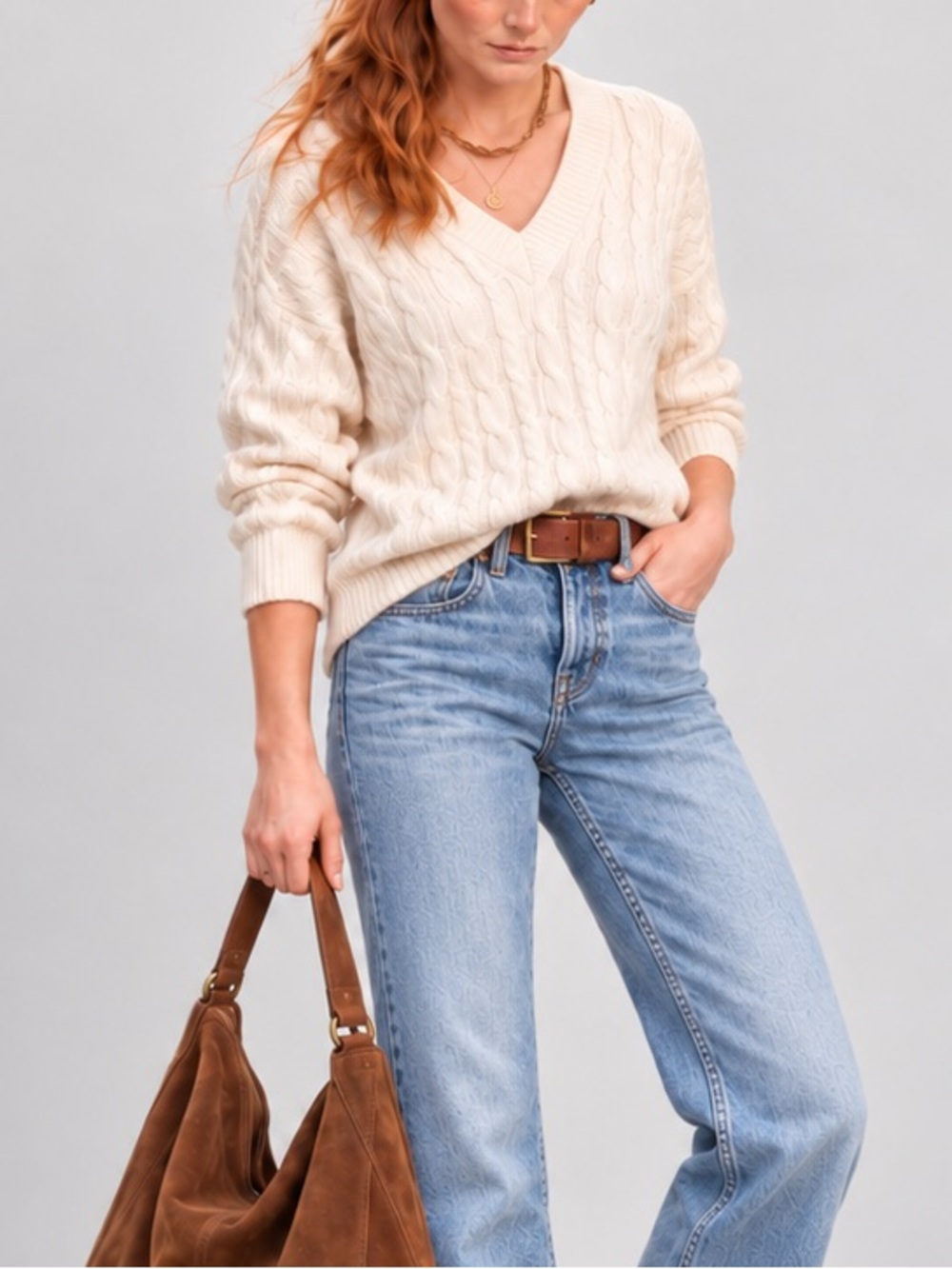 Madewell Cream Cable Knit V-Neck Cream Cotton Sweater Cozy Preppy Fall Medium
